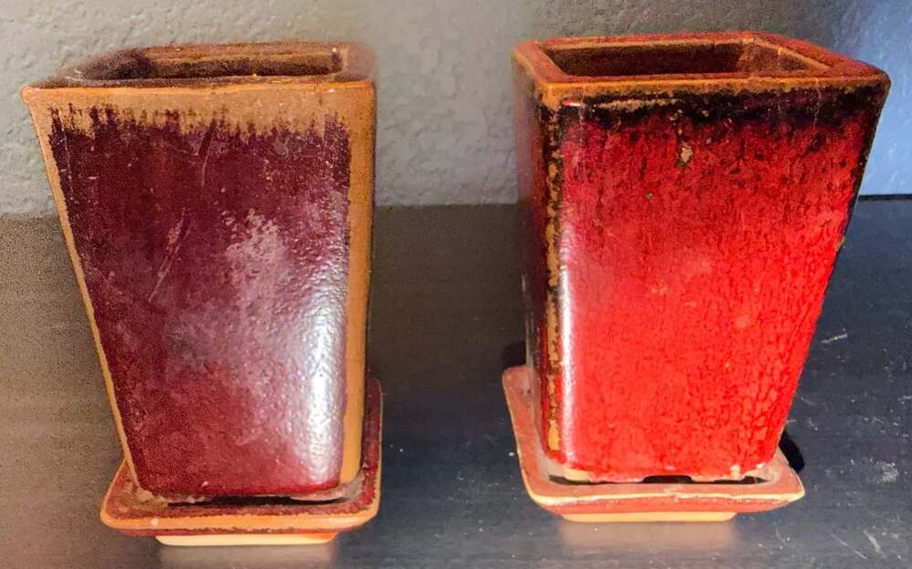 Page Studio Art Pottery Square Planter Pots With Trays Red Drip Glaze Set of 2